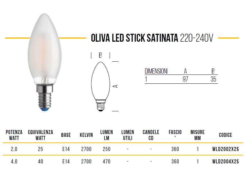LAMPADA LED STICK OLIV SAT.2.5W E14 250*