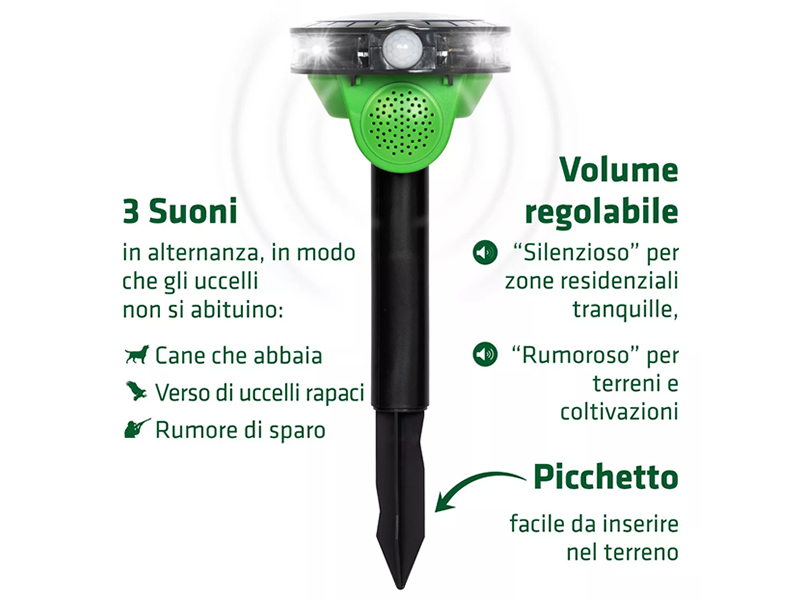 DISSUASORE UCCELLI SUONI FLASH SOLARE